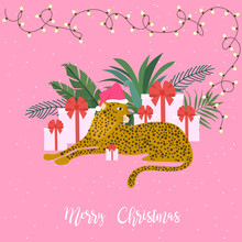 Merry Christmas Card With Leopard, Gift Boxes And Christmas Floral. Tropical Christmas Greeting Card. Editable Vector Illustration