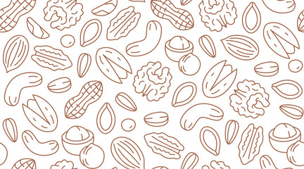 Nut seamless pattern with flat line icons. Vector background of dry nuts and seeds - almond, cashew, peanut, walnut, pistachio. Food texture for grocery shop, brown white color