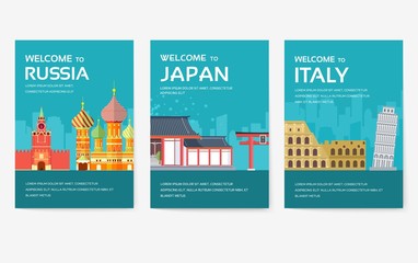 Country of Egypt, Austria, Germany, India, Russia, Thailand, Japan, Italy card set. Travel of the world of flyer, magazines, poster, book cover, banner. Layout infographic template illustration page