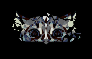 Wall Mural - Low poly triangular hunting wild cat head on black background, vector illustration isolated.  Polygonal style trendy modern logo design. Suitable for printing on a t-shirt.