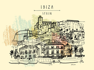 Ibiza Town Old city, Balearic islands, Spain, Europe. Ibiza castle. Historical buildings. Travel sketch. Hand drawn vintage book illustration, greeting card, postcard