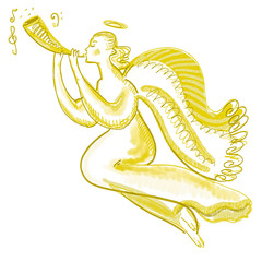 Flying angel with trumpet. Musical character illustration. Bright festive golden, yellow, white colors. New year, Christmas design, print, cover, surface, banner, Easter, birthday card. Playing angel