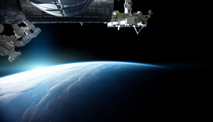 Wall Mural - view of planet earth from a space station window during a sunrise 3d rendering elements of this imag