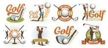 Golf Retro Logo With Clubs Balls And Golfer. Vintage Country Golf Club Emblem Set. Vector Illustration.