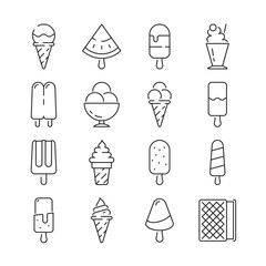 Canvas Print - Ice cream icon. Shake fruit yogurt toppings milk delicious food ice cream from chocolate vanilla smoothie vector line symbols. Illustration ice cream chocolate and fruit dessert