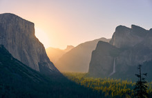 Yosemite National Park Valley At Sunrise Landscape From Tunnel View. California, USA.