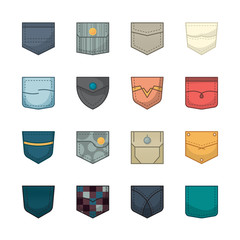 Poster - colored pockets. patches and fabric pockets for clothes bags shirt denim jackets vector collection. 