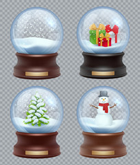 Sticker - Glass snow ball. Crystallizing magical christmas toy snowglobe vector realistic template. Ball christmas glass, magical globe sphere illustration