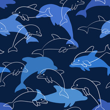 Seamless Pattern With Dolphin On White. Design For Holiday Greeting Card And Invitation Of Baby Shower, Birthday, Child Clothes, Summer Holidays, Beach Party, Traweling And Vacations