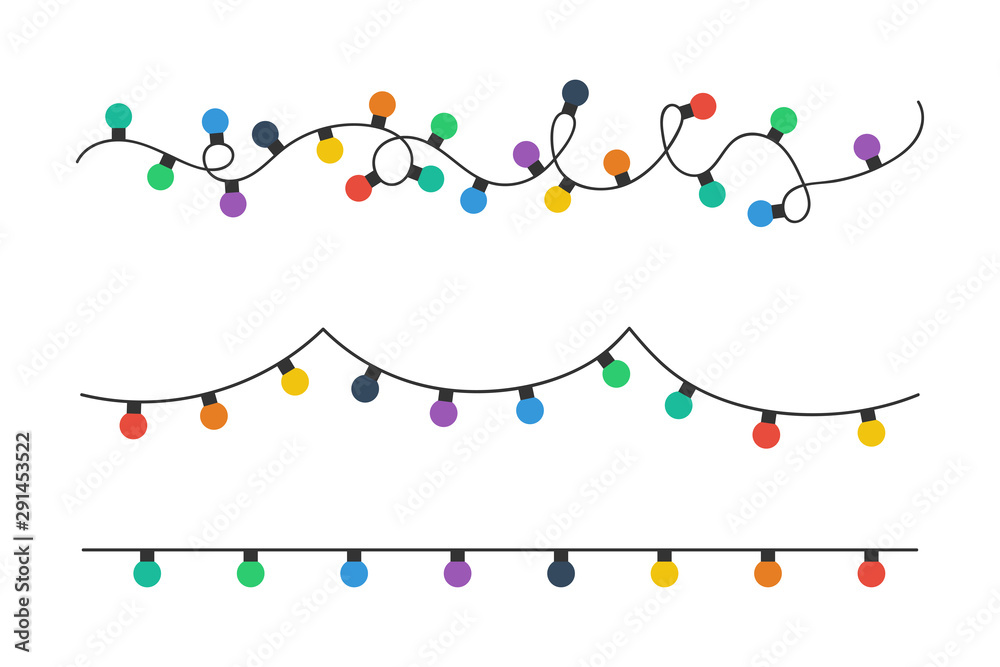 Christmas lights bulbs. Colorful christmas lights bulbs isolated on white background. Color garlands. Lights bulbs in simple trendy flat design. Christmas illustrtation. Vector - obrazy, fototapety, plakaty 