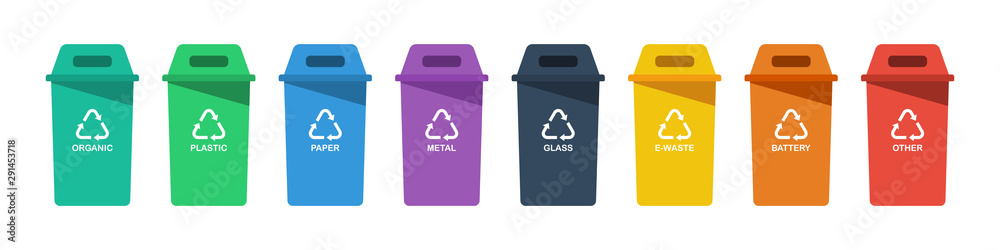Separation concept. Set of color recycle bin icons in trendy flat style, isolated on white background. Green blue violet black yellow orange and red recycle bins with recycle symbol. Vector - obrazy, fototapety, plakaty 