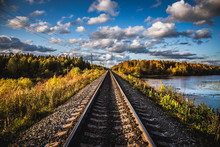 Railway Track Goes Into The Distance Through The Autumn Forest