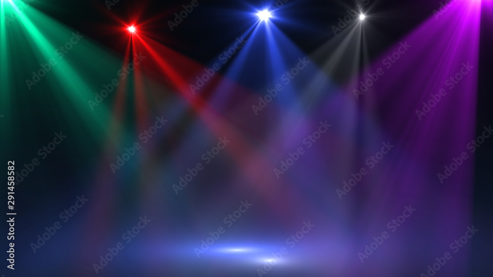 abstract of empty stage with colorful spotlights or Several bright projectors for scene lighting effects . can be used for display or montage your products - obrazy, fototapety, plakaty 