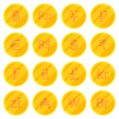 Poster - Set of golden coins in different currency in a flat design