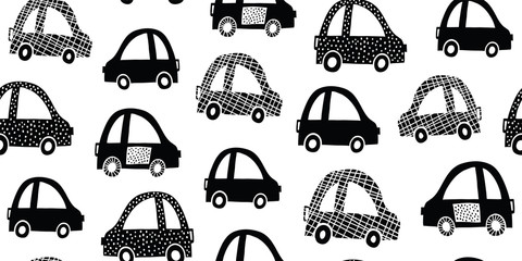 Kids seamless pattern with black white cute cars