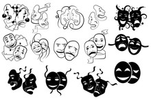 Set Of Tragedy And Comedy Theater Masks . Collection Of Theater Masks. Black And White Illustration Of Carnival Masks. Tattoo.