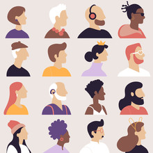 Set Of Avatars In Flat Design Style. Icons  People In Profile Of Different Ages And Nationalities. Vector Illustration.