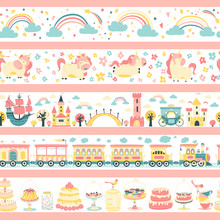 Princess Seamless Borders. Vector Set Of Patterns For Girlish Design. Unicorns, Castles, Train, Cakes, Etc. Illustration In Cartoon Scandinavian Style. Ideal For Printing On Ribbons And Baby Clothes.