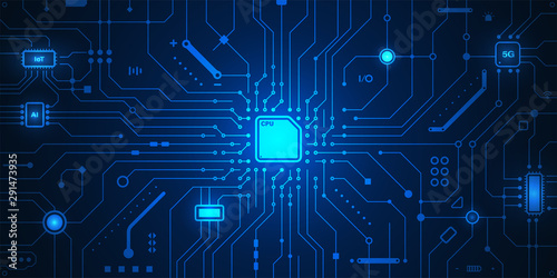 Electric circuit IoT AI 5G with cpu processor on blue background. Vector illu...