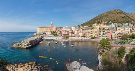 Holiday in Italy, village of Nervi. Ligurian sea, little port and boats