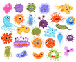 Set of microbes. Collection of cartoon viruses. Vector illustration of microorganisms for children. Color drawing of a set of bacteria. Monsters collection.