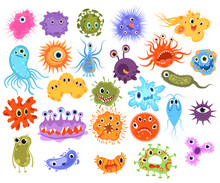 Set Of Microbes. Collection Of Cartoon Viruses. Vector Illustration Of Microorganisms For Children. Color Drawing Of A Set Of Bacteria. Monsters Collection.