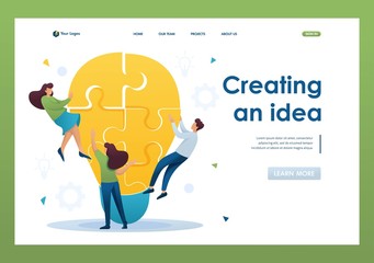 Poster - Young team Creates an idea, team work of a young team. Brainstorm business ideas. Flat 2D character. Landing page concepts and web design