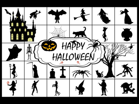 Halloween symbol holiday set silhouette. Vector illustration.