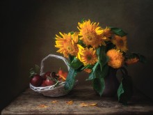 Autumn Still Life With Apples And Sunflowers