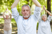 Serene Mature Man Doing Qigong Exercise In The Park