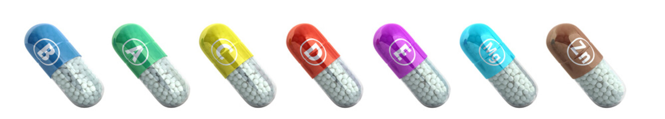 vitamins and minerals in capsules 3d render on white no shadow