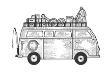 Camper Van Vehicle Trailer Sketch Engraving Vector Illustration. Tee Shirt Apparel Print Design. Scratch Board Style Imitation. Black And White Hand Drawn Image.
