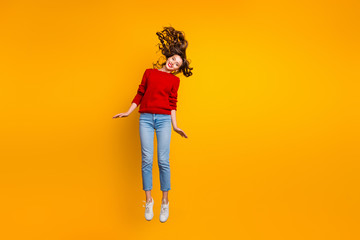 Canvas Print - Full size photo of cute lady jumping high wear knitted sweater isolated yellow background