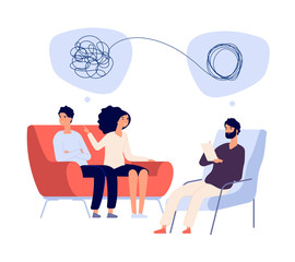 Wall Mural - Psychotherapy concept. Psychologist doctor helps patient to unravel tangled thoughts. Psychological problems, mental treatment vector. Illustration couple woman and man counselling psychiatrist