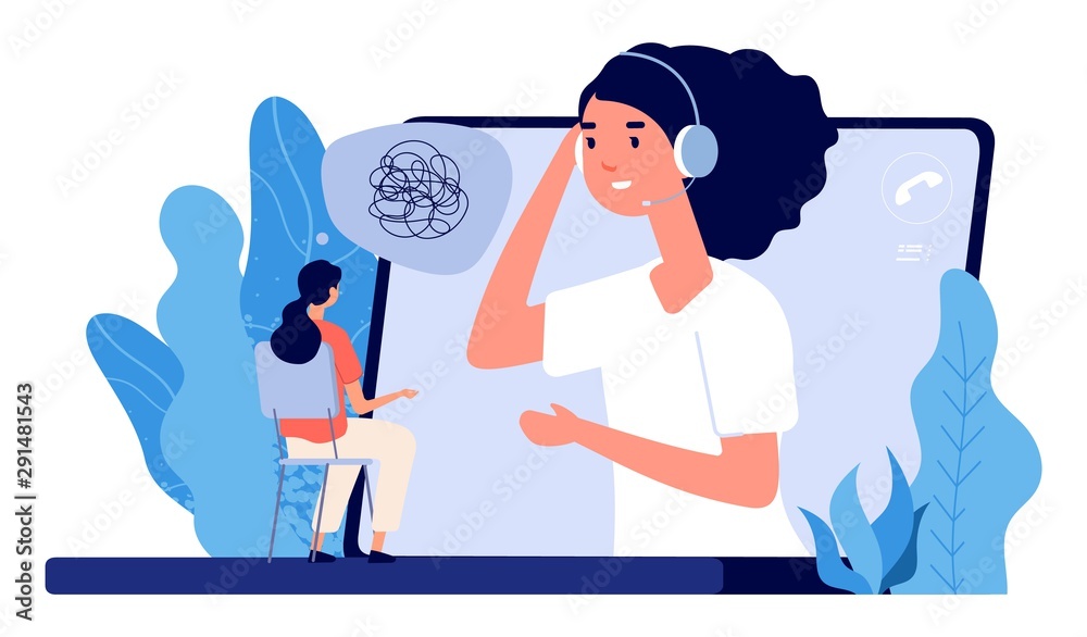 Psychological counseling concept. Vector online psychological assistance service illustration. Online psychotherapy, counseling and help - obrazy, fototapety, plakaty 