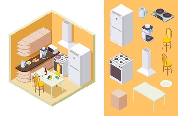 Canvas Print - Kitchen isometric. Vector dinner room interior. Isometric fridge, table, tea pot, kitchen furniture. Illustration kitchen furniture, fridge and table