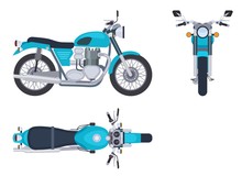 Motorbike Side And Top View. Motorcycle Motocross Vehicles. Detailed Motorcycling Transport Isolated Vector Set. Illustration Motorcycle And Bike Side View And Top