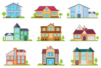 Sticker - Flat cottages. Modern cottage houses suburban property. Buildings design for app interface. Architectural home exterior vector set. Cottage house, property architecture home illustration