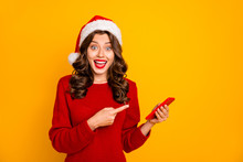 Funny Lady Holding Telephone With Sale Price In Hand Wear Red Knitted Jumper And Santa Hat Isolated Yellow Background