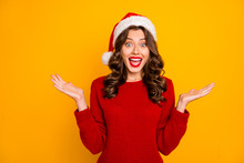 Amazing Lady Holding Hands Raised In Air Wear Knitted Jumper And Santa Hat Isolated Yellow Background