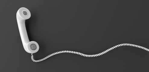 Wall Mural - White retro telephone receiver flying in front of a gray backdrop with copy space - 3d illustration