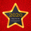 © josephine_art - Holiday gift card. Happy New Year 2020. Golden star frame on red background with Christmas icons. Template for a banner, poster, invitation. Vector illustration