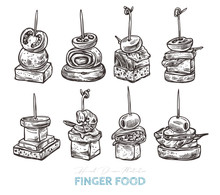 Finger Food Vector Sketch Hand Drawn Illustration. Appetizers Served On Sticks With Cheese, Salmon, Bread, Olive, Shrimp, Tomato, Vegetables And Salad