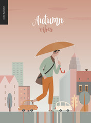 Wall Mural - Rain - walking young man -modern flat vector concept illustration of a young man holding an umbrella, walking under the rain in the street, in front of city houses and cars.