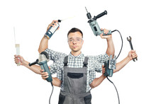 Funny Portrait Of A Craftsman With 6 Arms And Tools