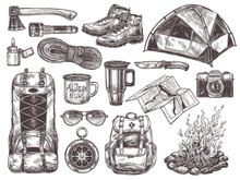 Vector Hand Drawn Set Of Touristic Accessories And Equipment For Outdoor Adventure And Camping. Sketch Collection Of Illustrations Knife, Compass, Axe, Tent, Bonfire, Boots, Backpack, Cups, Map