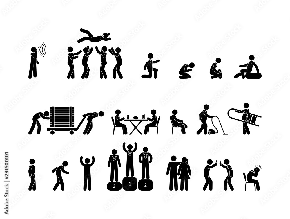 Pictogram Signs For Fun Icon people in various situations. People have fun, work, relax. Stick ...