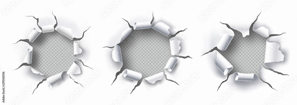Set of torn holes with transparent background in the sheet of white paper. Place for text - obrazy, fototapety, plakaty 