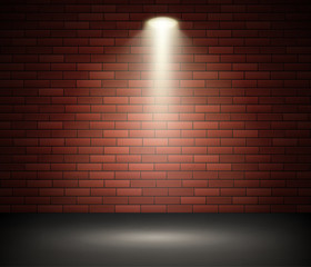 Wall Mural - Stage illuminated by spotlight against brick wall. Empty Studio and Spot of Light. Vector illustration