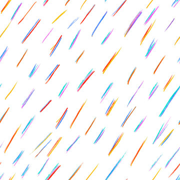 Pencil drawing seamless pattern with colour rain, using colour pencils, crayons and chalks. Located on a white background. Good for wrapping paper, textile, greeting cards.